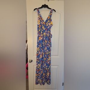 41 Hawthorn Blue Floral Dress with Orange and Pink Accents - Side Tie - Medium